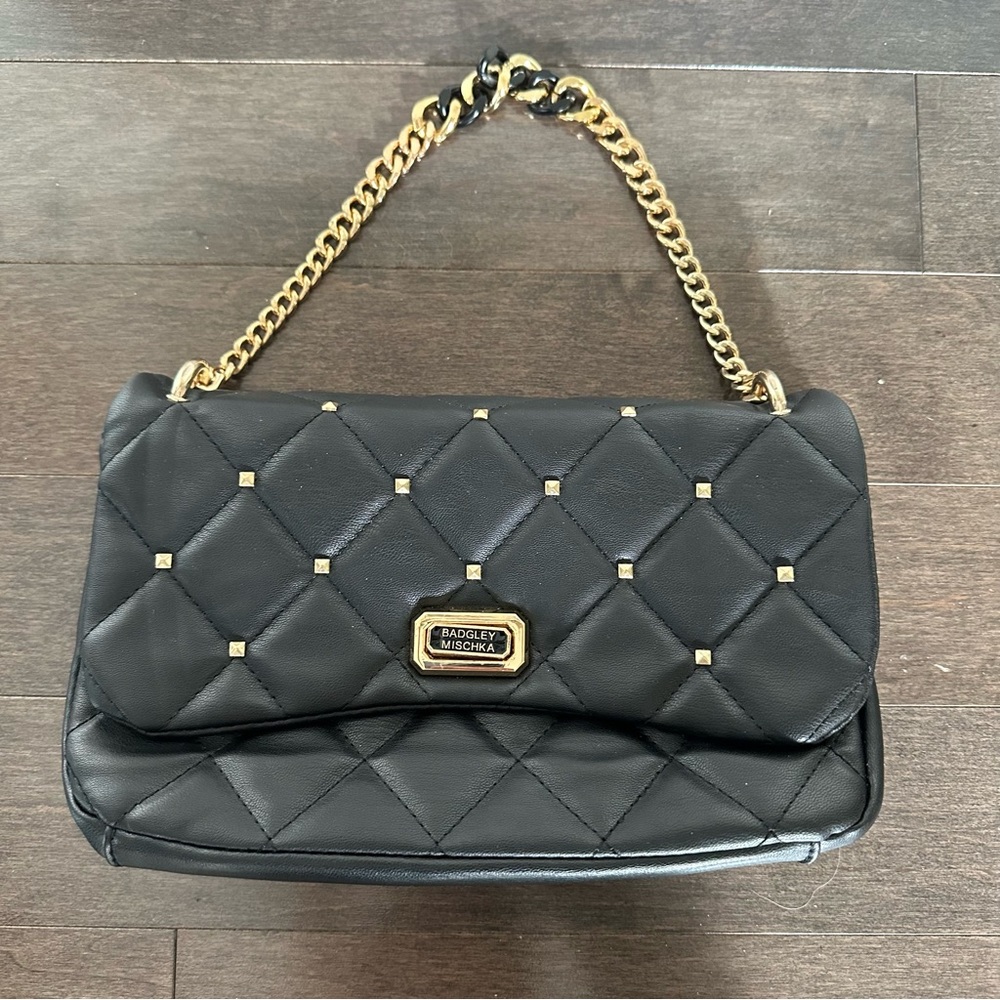 Badgley Mischka Black‎ Gold Quilted Studded Shoulder Bag Chain Strap Elevate
